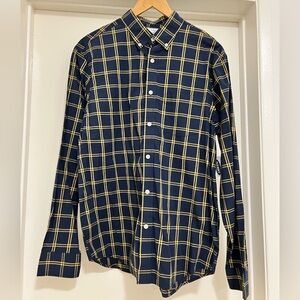 NWT Men's Navy and Yellow Plaid Long Sleeve Shirt Size Medium